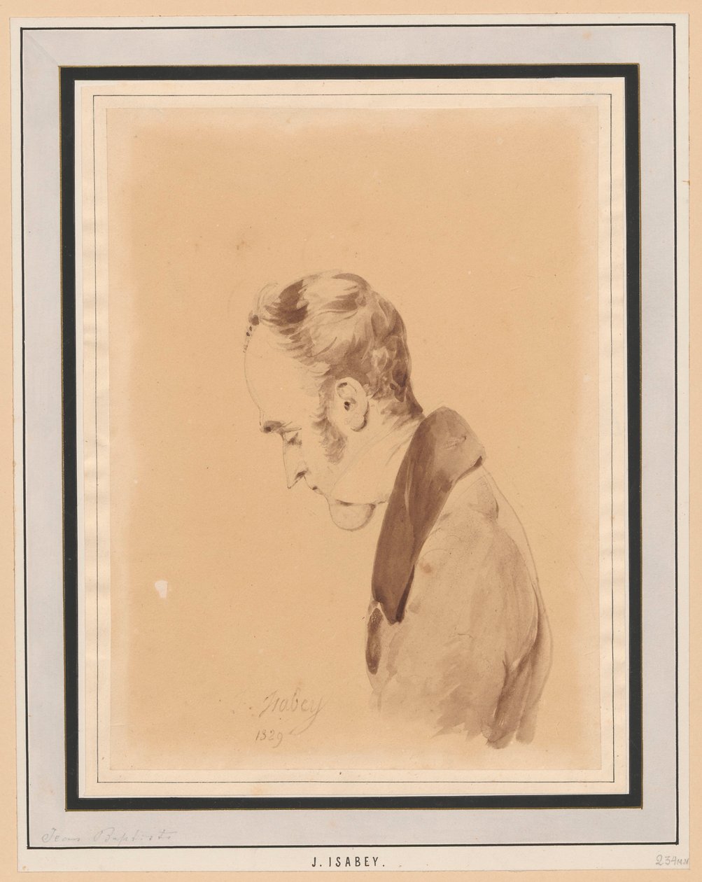 Halffiguurportret van een man in profiel naar rechts - zelfportret van de kunstenaar op hoge leeftijd door Jean-Baptiste Isabey