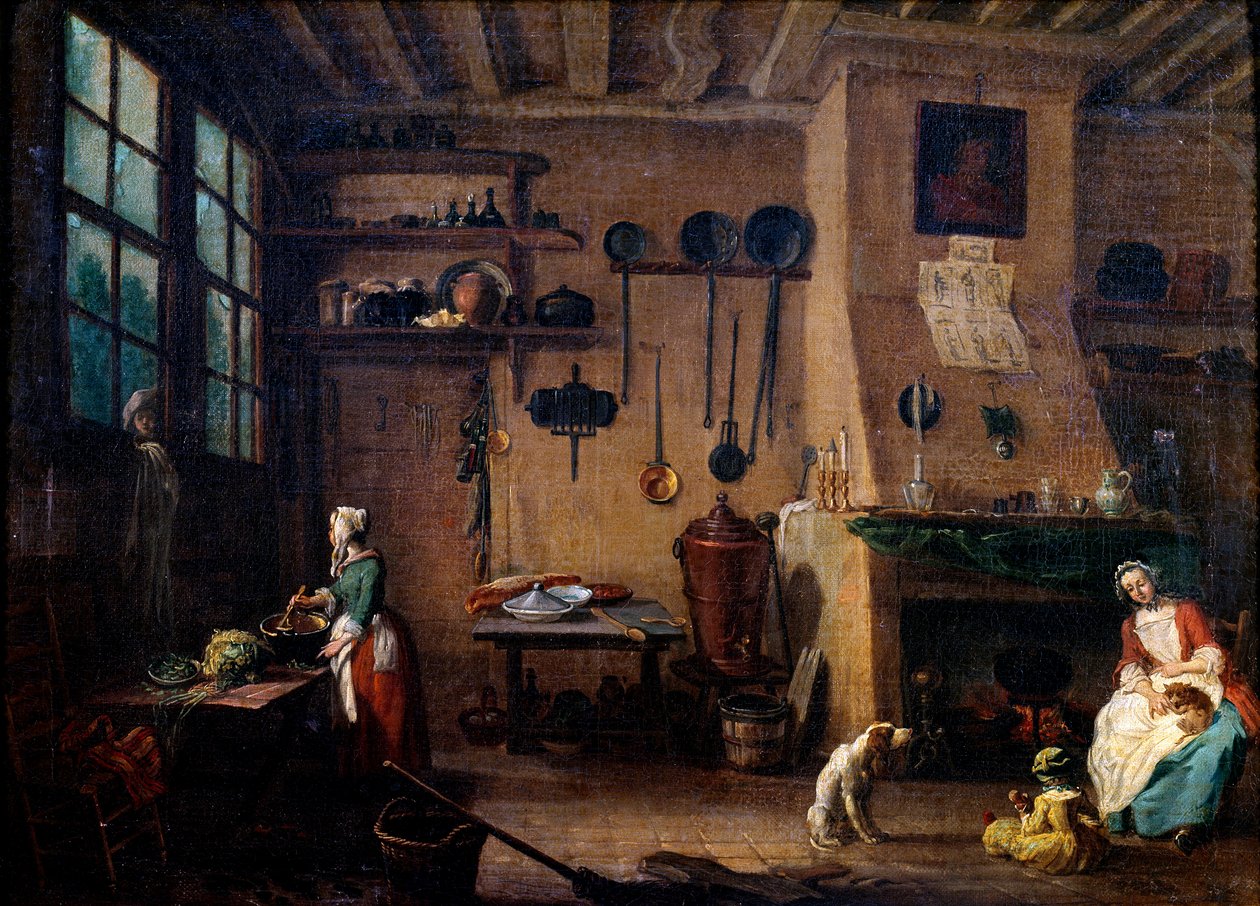 Keukeninterieur in de 18e eeuw. Een kok bereidt een maaltijd. Op de achtergrond zien we de keukengerei aan de muur hangen (18e eeuw) Dijon, Museum voor Schone Kunsten door Jean Baptiste Lallemand