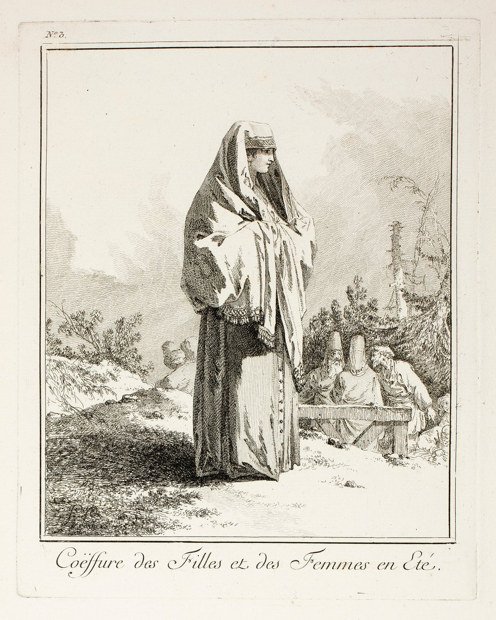Hoofdtooi voor meisjes en vrouwen in de zomer, plaat drie uit Diverse Kledij van de Volkeren van het Noorden door Jean-Baptiste Le Prince