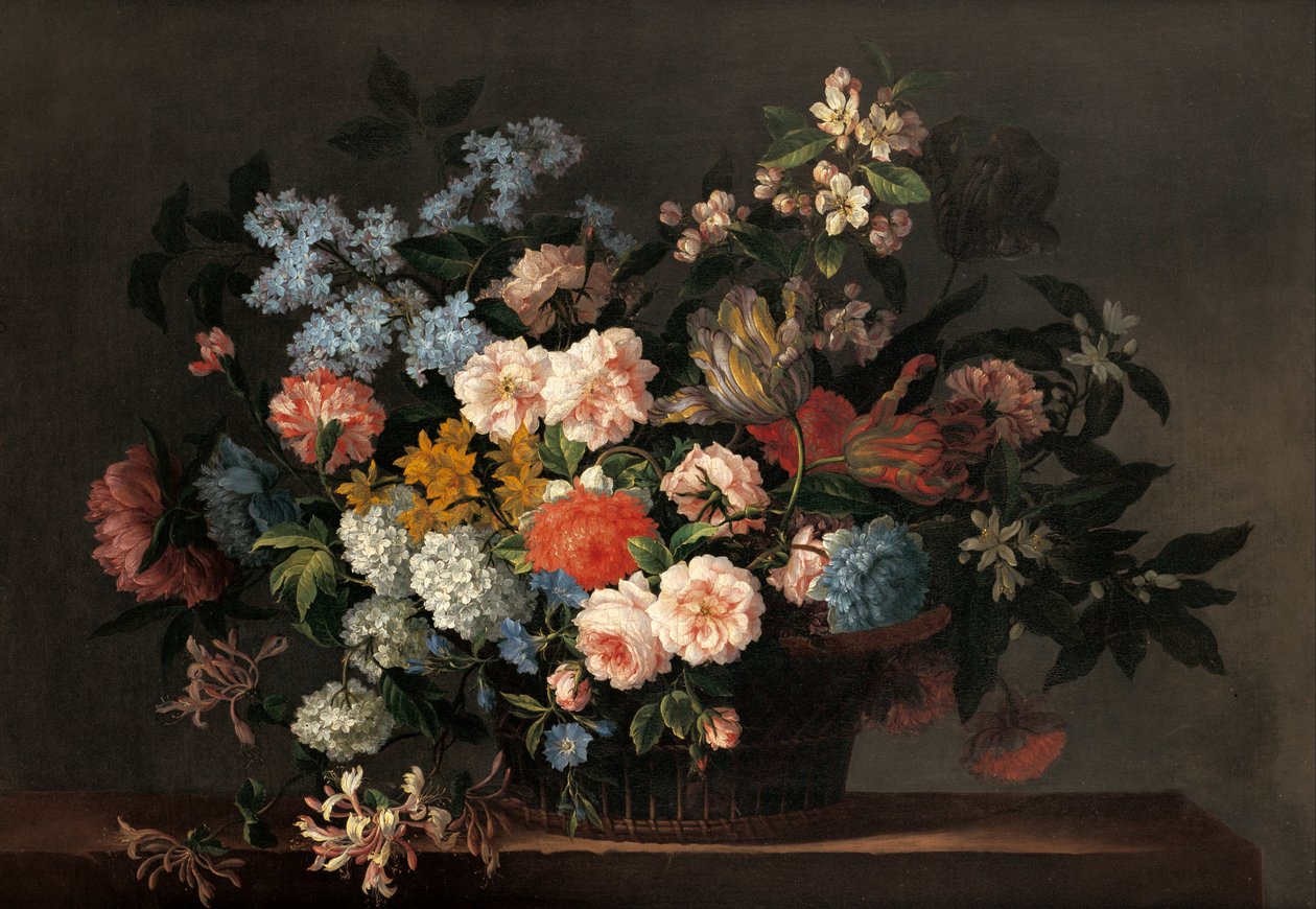 Stilleven met mand bloemen door Jean-Baptiste Monnoyer