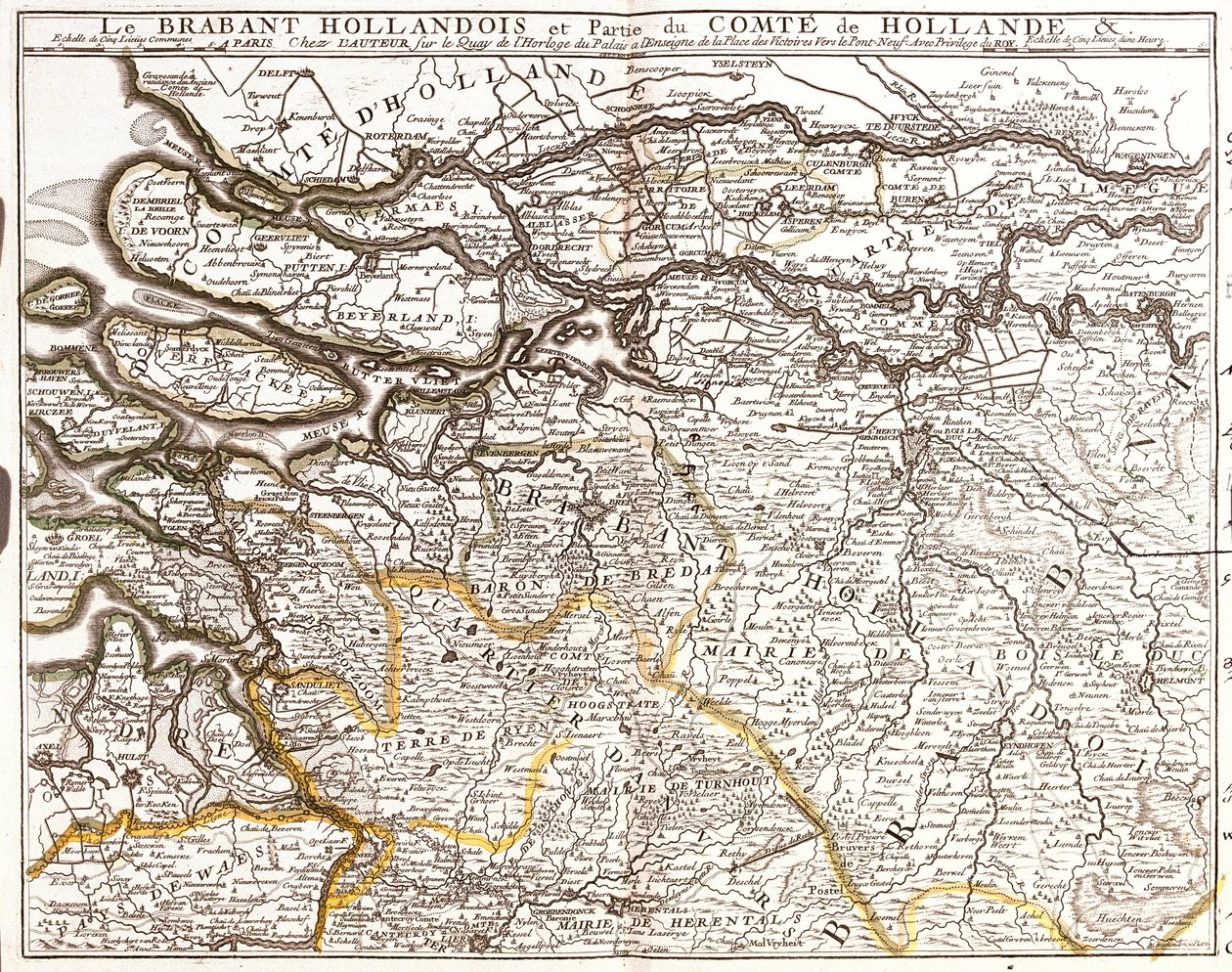 Kaart van Nederlands Brabant (of Noord-Brabant) en een deel van het graafschap Holland (Nederland) door Jean Baptiste Nolin