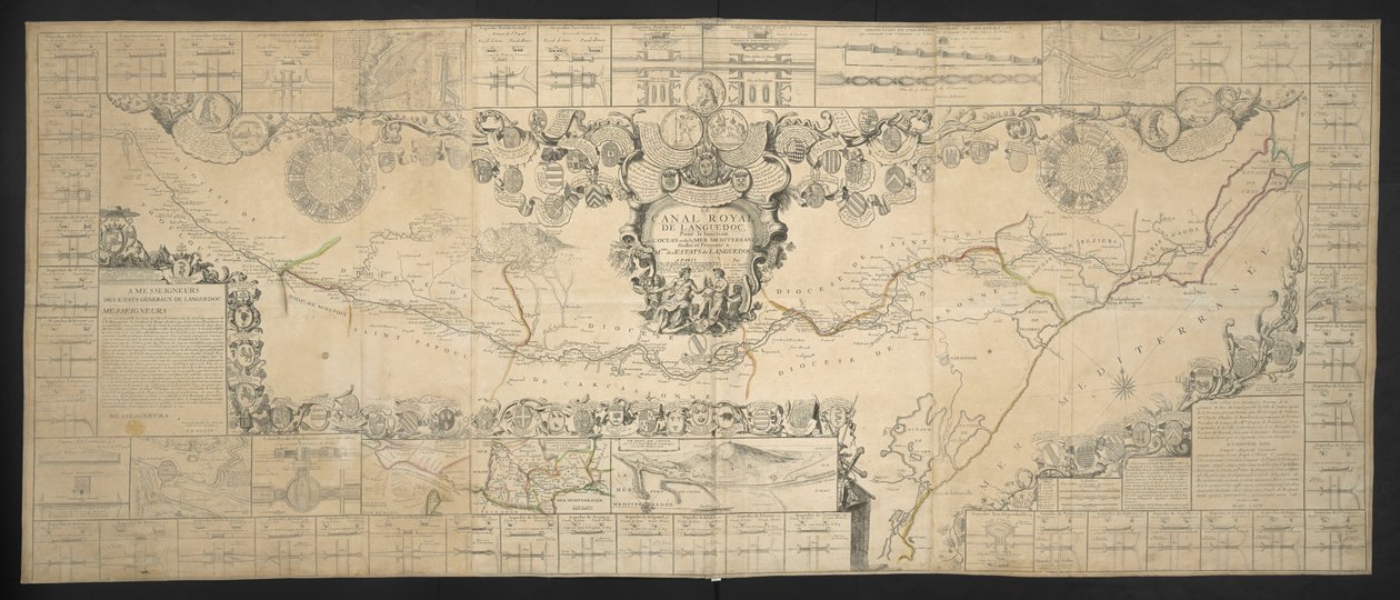 Kaart van het Canal de Languedoc, dat de Atlantische Oceaan verbindt met de Middellandse Zee, opgedragen en gepresenteerd aan M.GRS Estates van Languedoc door Jean Baptiste Nolin