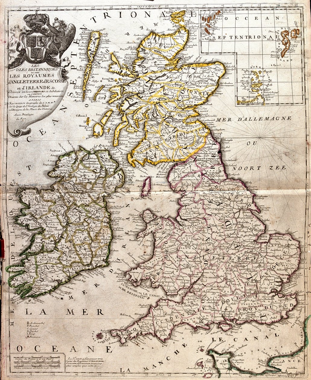 Kaart van de koninkrijken Engeland, Schotland en Ierland (Groot-Brittannië) door Jean Baptiste Nolin