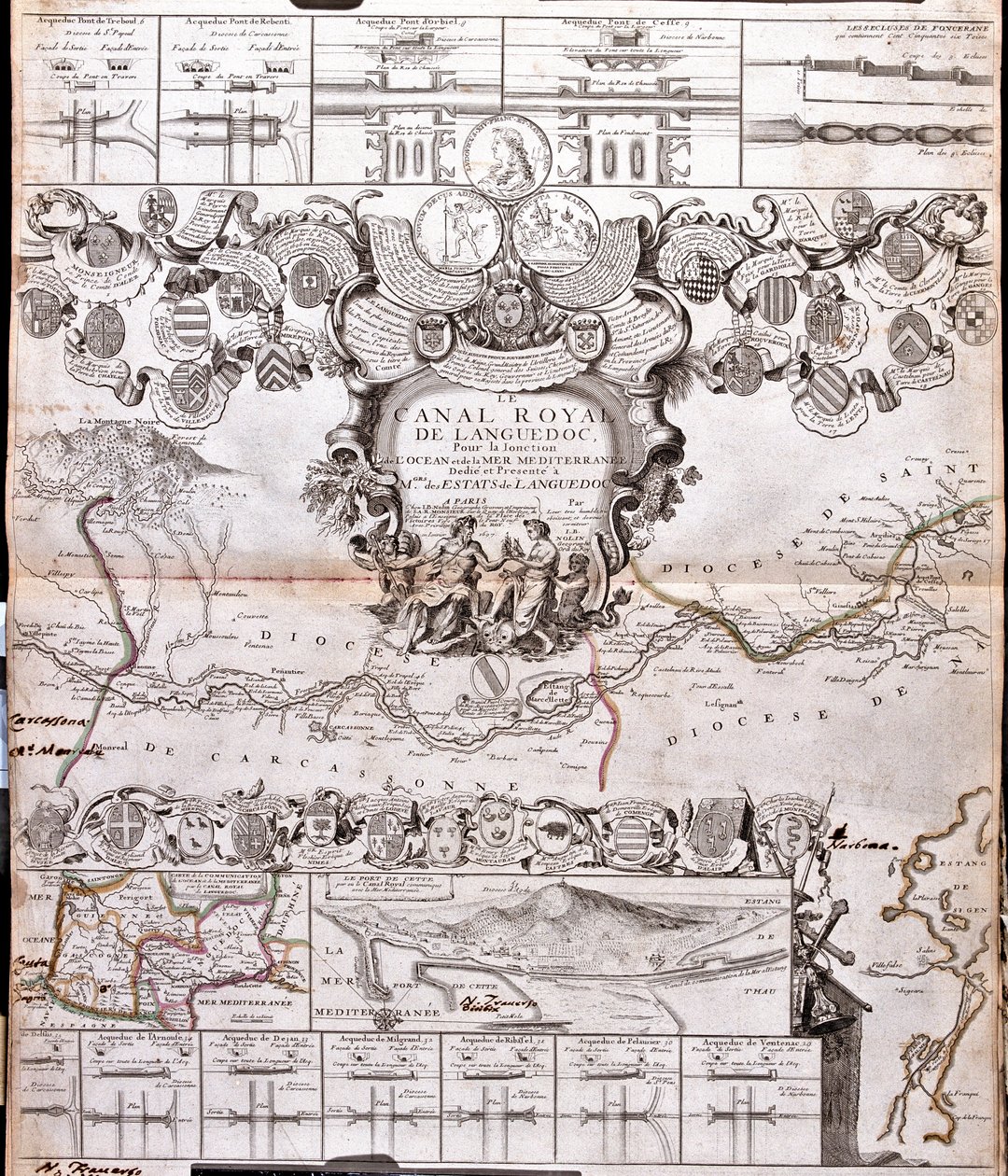 Project voor de aanleg van een verbindingskanaal tussen de Atlantische Oceaan en de Middellandse Zee, met inbegrip van een gedeelte ongeveer tussen Pexiora en Ouveillan, in de regio Languedoc-Roussillon, Frankrijk. door Jean Baptiste Nolin