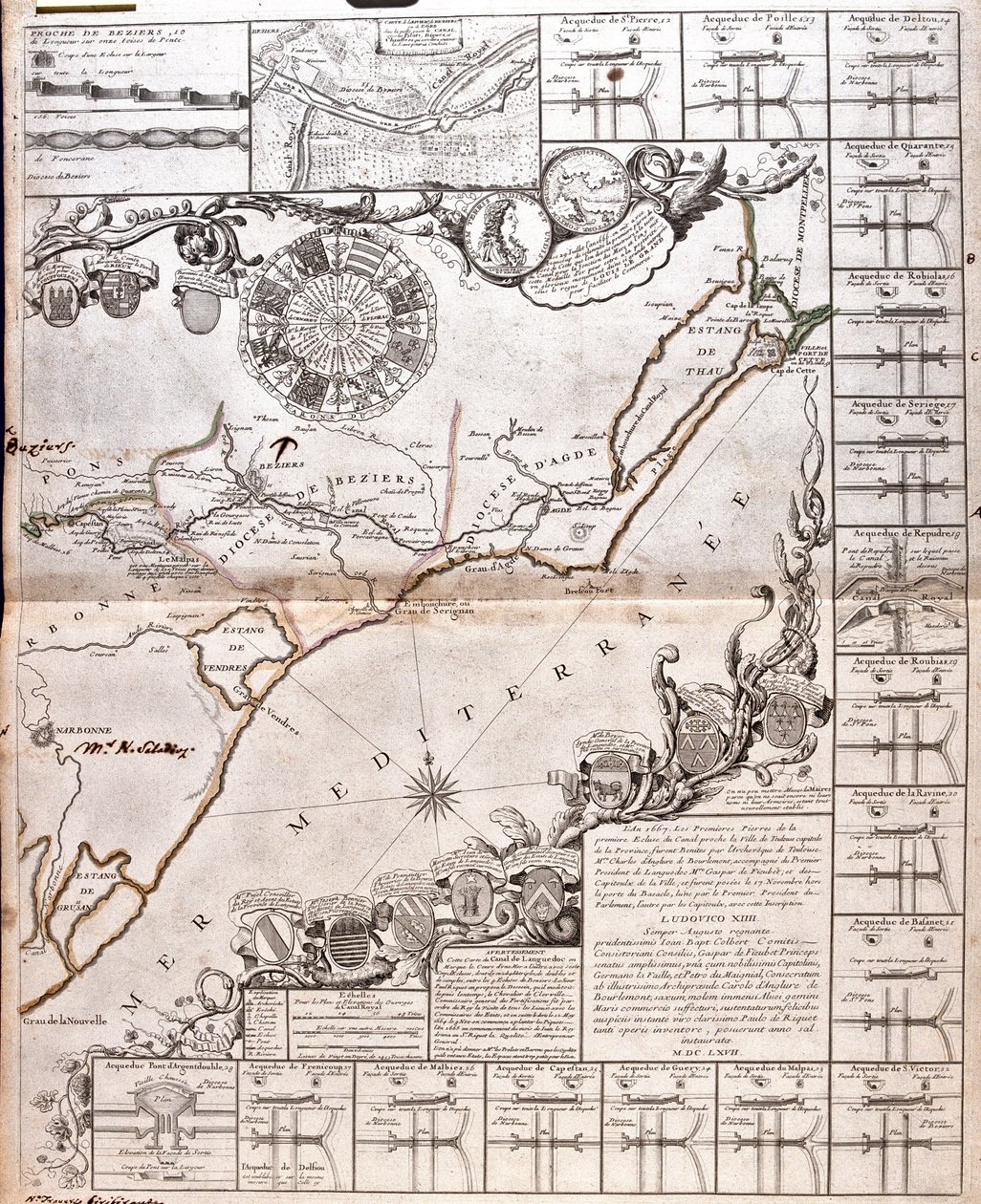 Project voor de aanleg van een verbindingskanaal tussen de Atlantische Oceaan en de Middellandse Zee, ongeveer tussen Capestang en Étang de Thau, in de regio Languedoc-Roussillon, Frankrijk. door Jean Baptiste Nolin