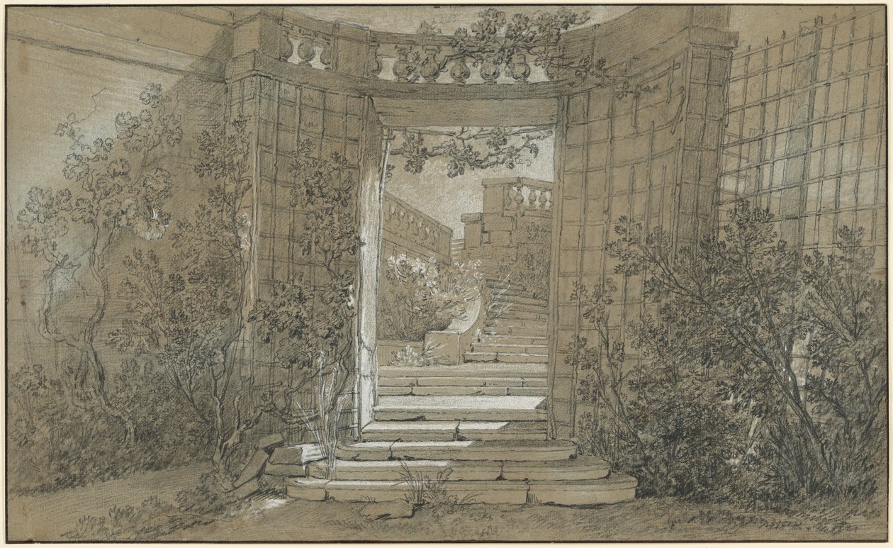 Landschap met een trap en een balustrade door Jean-Baptiste Oudry