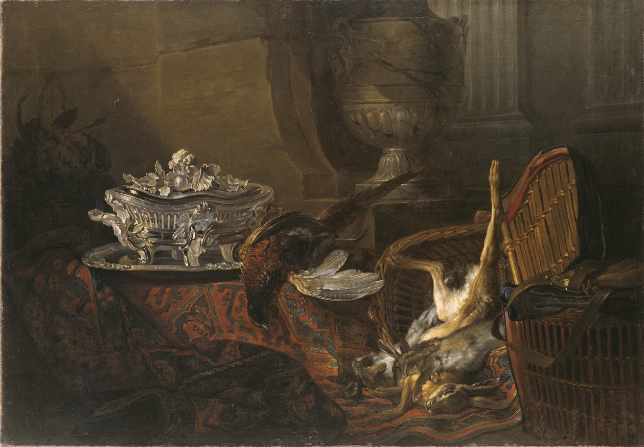 Stilleven met dood wild en een zilveren terrine op een Turks tapijt door Jean-Baptiste Oudry