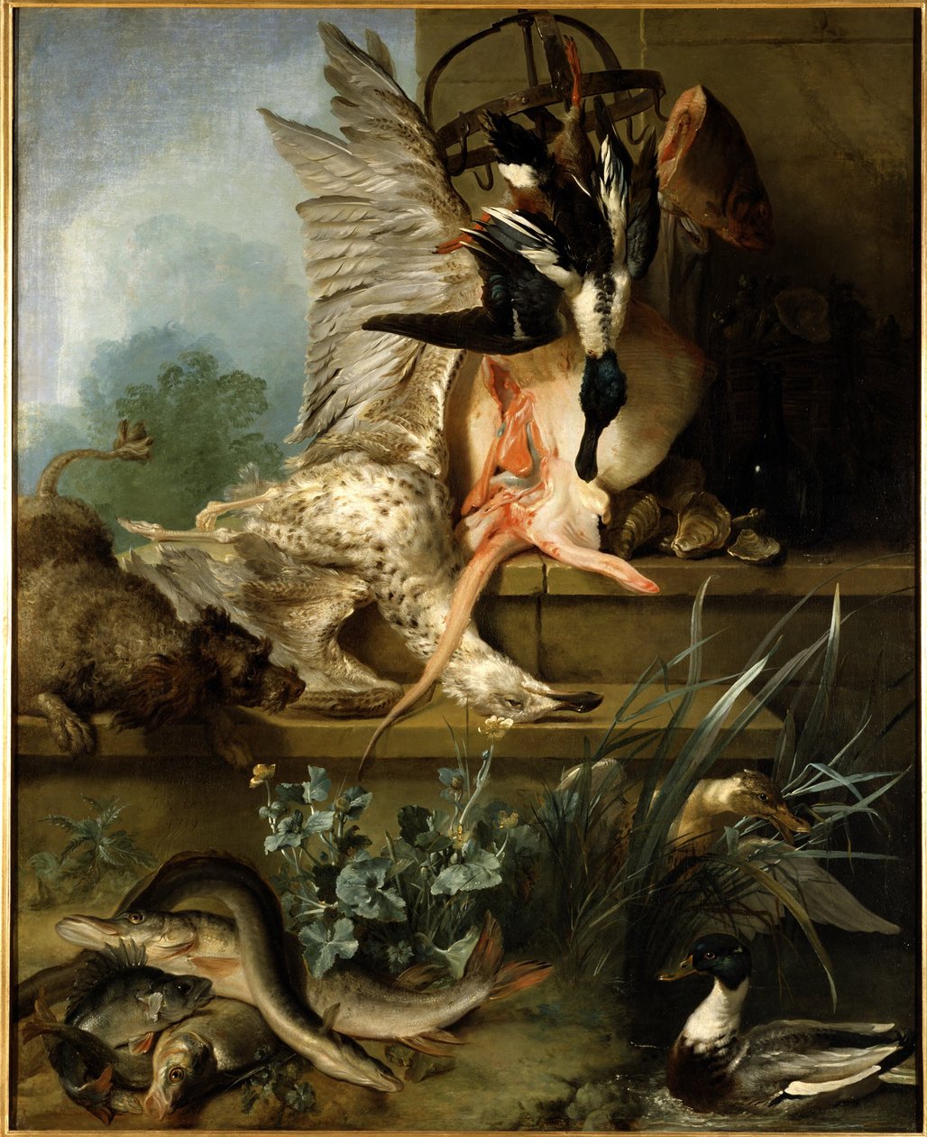 Stillleben mit einem Spaniel, der Enten jagt ("Wasser") door Jean-Baptiste Oudry