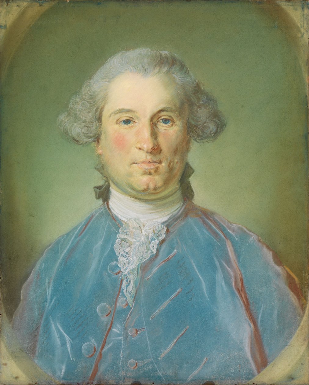 Borstbeeld van een heer in een blauw fluwelen jasje door Jean-Baptiste Perronneau