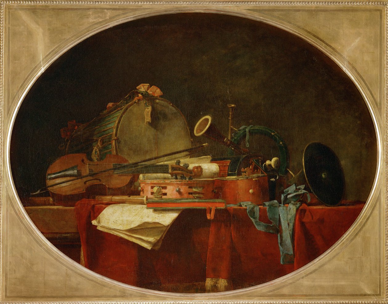 Les attributs de la music civile - De attributen van civiele muziek, supraporte voor het Chateau de Bellevue ... door Jean Baptiste Simeon Chardin