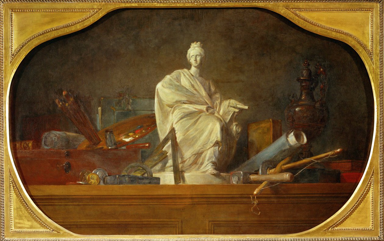 Les attributs des arts - de attributen van de kunsten, begeleidend stuk bij 40-12-16/29, een van de drie supraportifs voor het Chateau de Choisy ... door Jean Baptiste Simeon Chardin