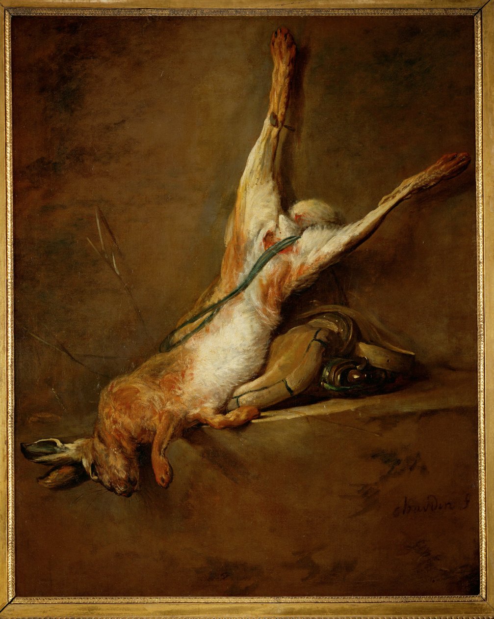 Dode haas met kruitfles en wild ... door Jean Baptiste Simeon Chardin
