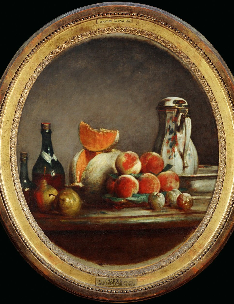 Melon, poires, peches et prunes - Meloen, peren, perziken en pruimen -Atelier de Chardin, replica van een schilderij in een privécollectie ... door Jean Baptiste Simeon Chardin