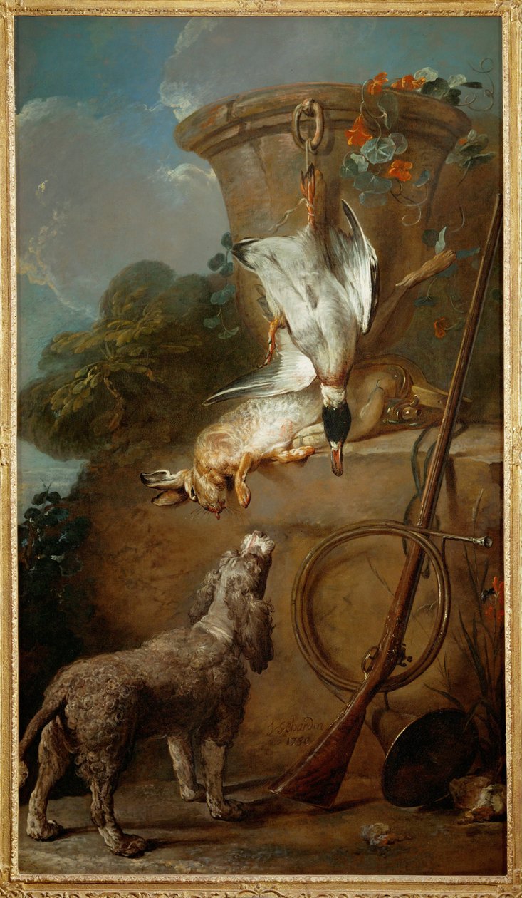 De spaniël (schilderij op doek) door Jean-Baptiste Simeon Chardin