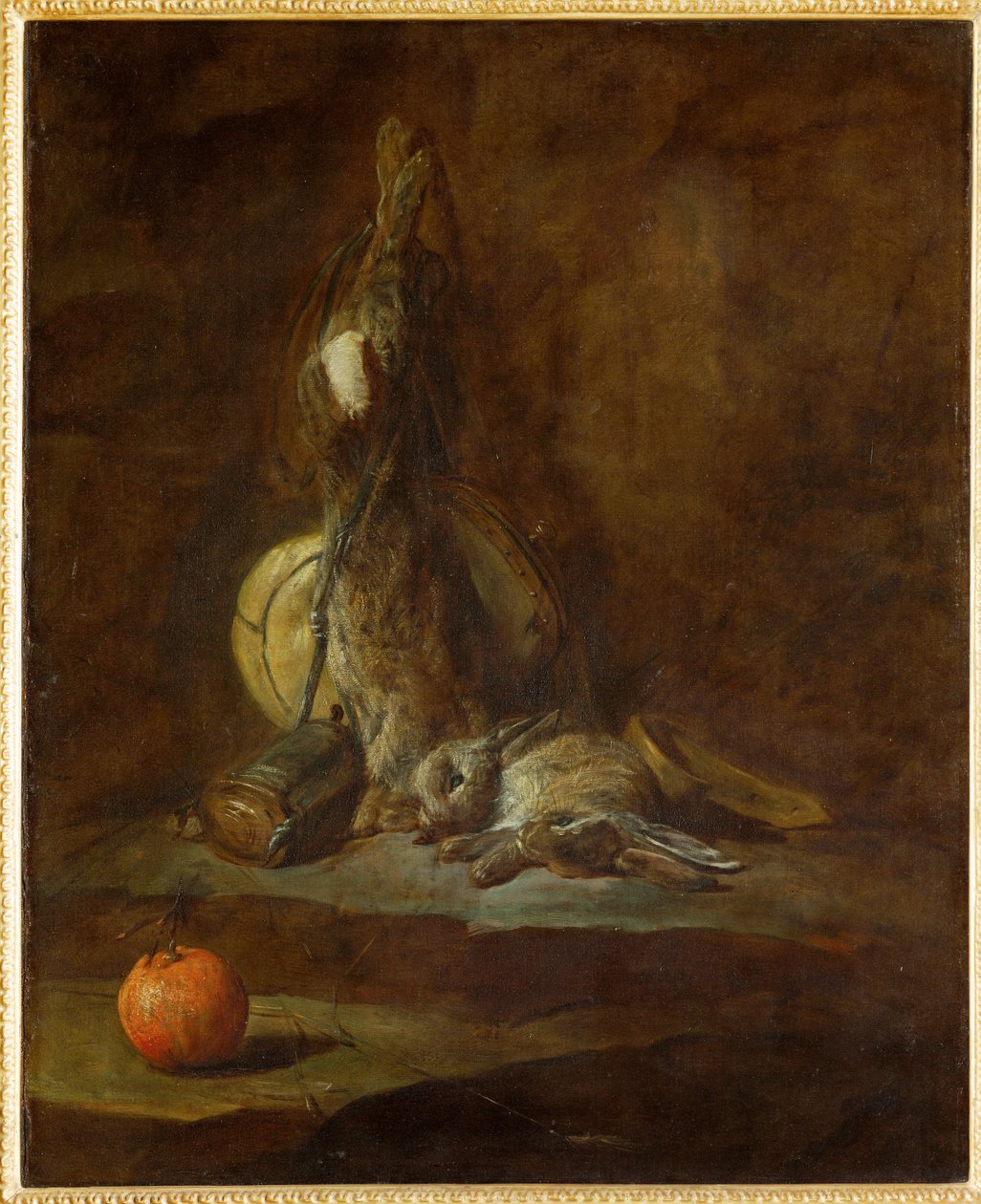 Twee dode hazen met jachttas, kruitfles en sinaasappel (schilderij op doek) door Jean-Baptiste Simeon Chardin