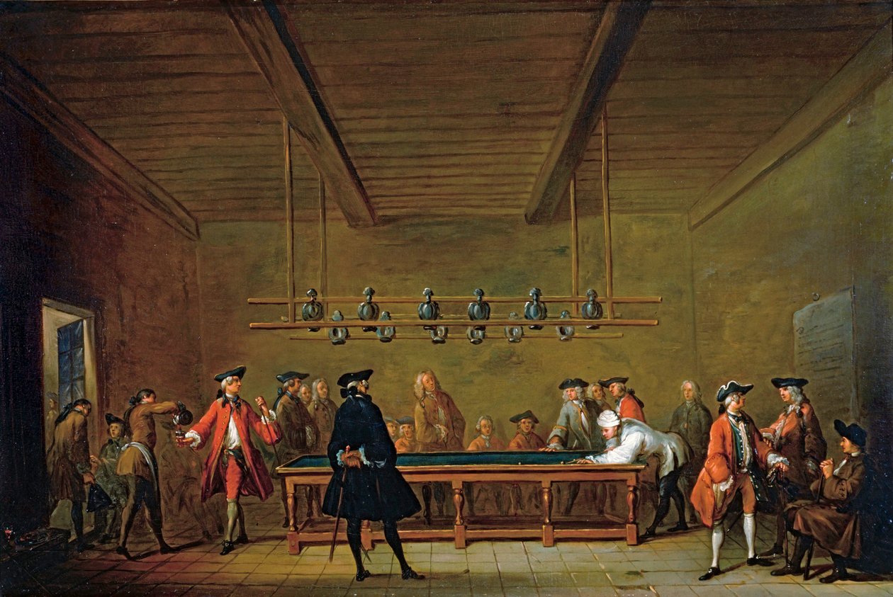 Een openbaar biljart in Parijs - Biljartspel ... (olieverf op doek) door Jean Baptiste Simeon Chardin