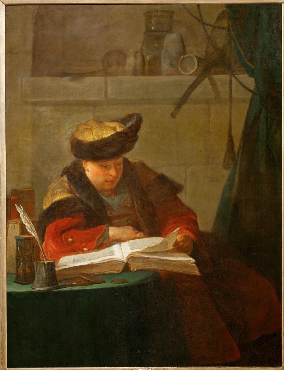 Un chimiste dans son laboratoire, dit aussi un philosophe occupee de sa lecture - een chemicus in zijn laboratorium ... door Jean Baptiste Simeon Chardin