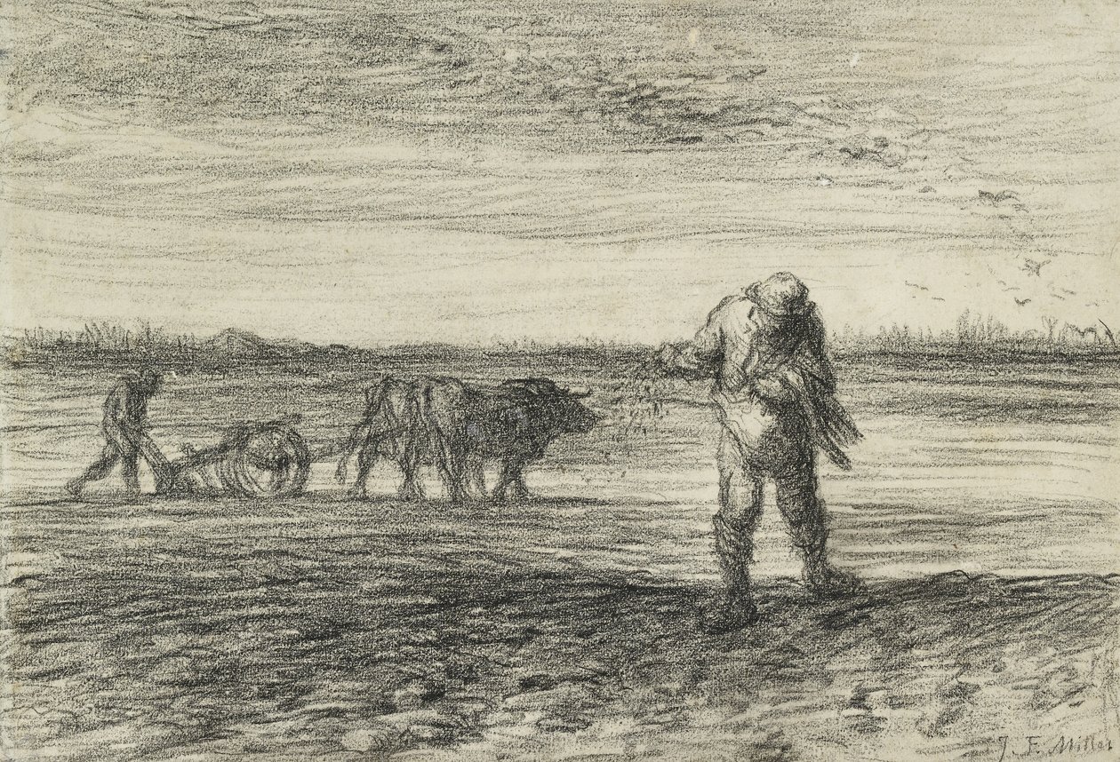 Man aan het ploegen en een ander aan het zaaien, 1849 - 1852 door Jean Francois Millet