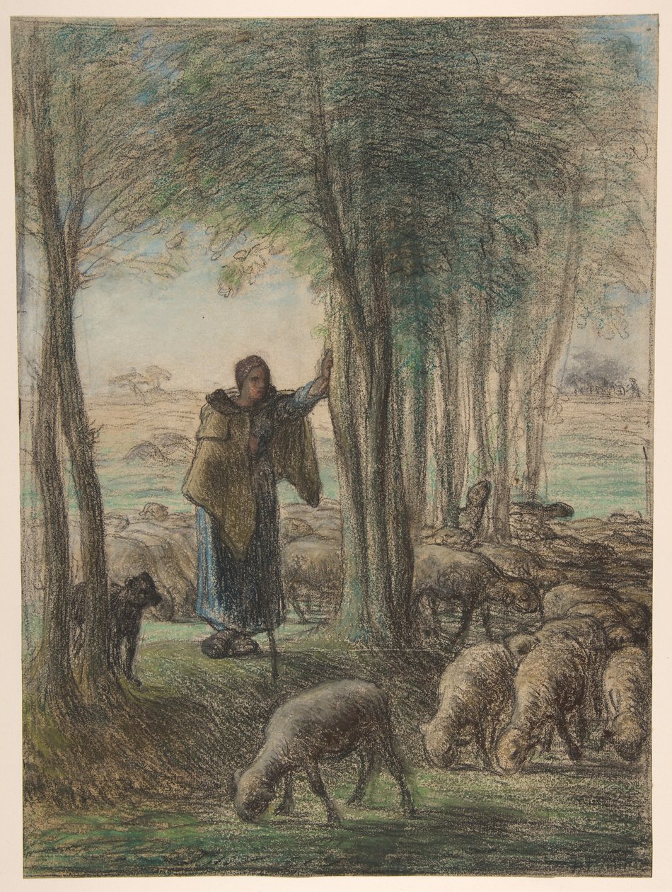 Eine Schäferin und ihre Herde im Schatten der Bäume door Jean-Francois Millet