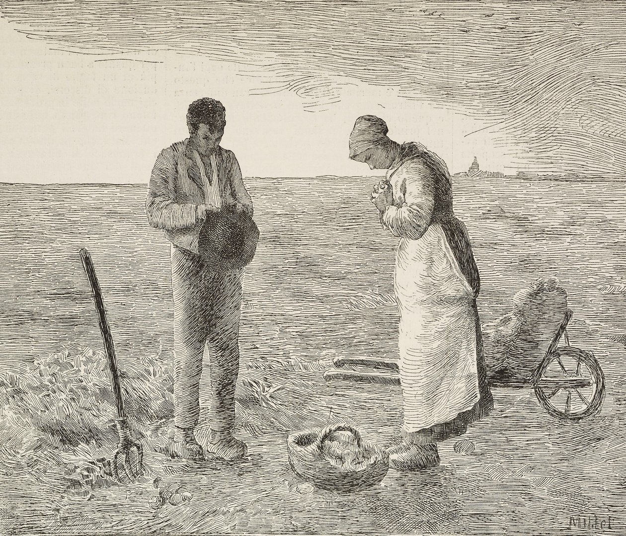 Angelus, boerenkoppel in velden door Jean Francois Millet