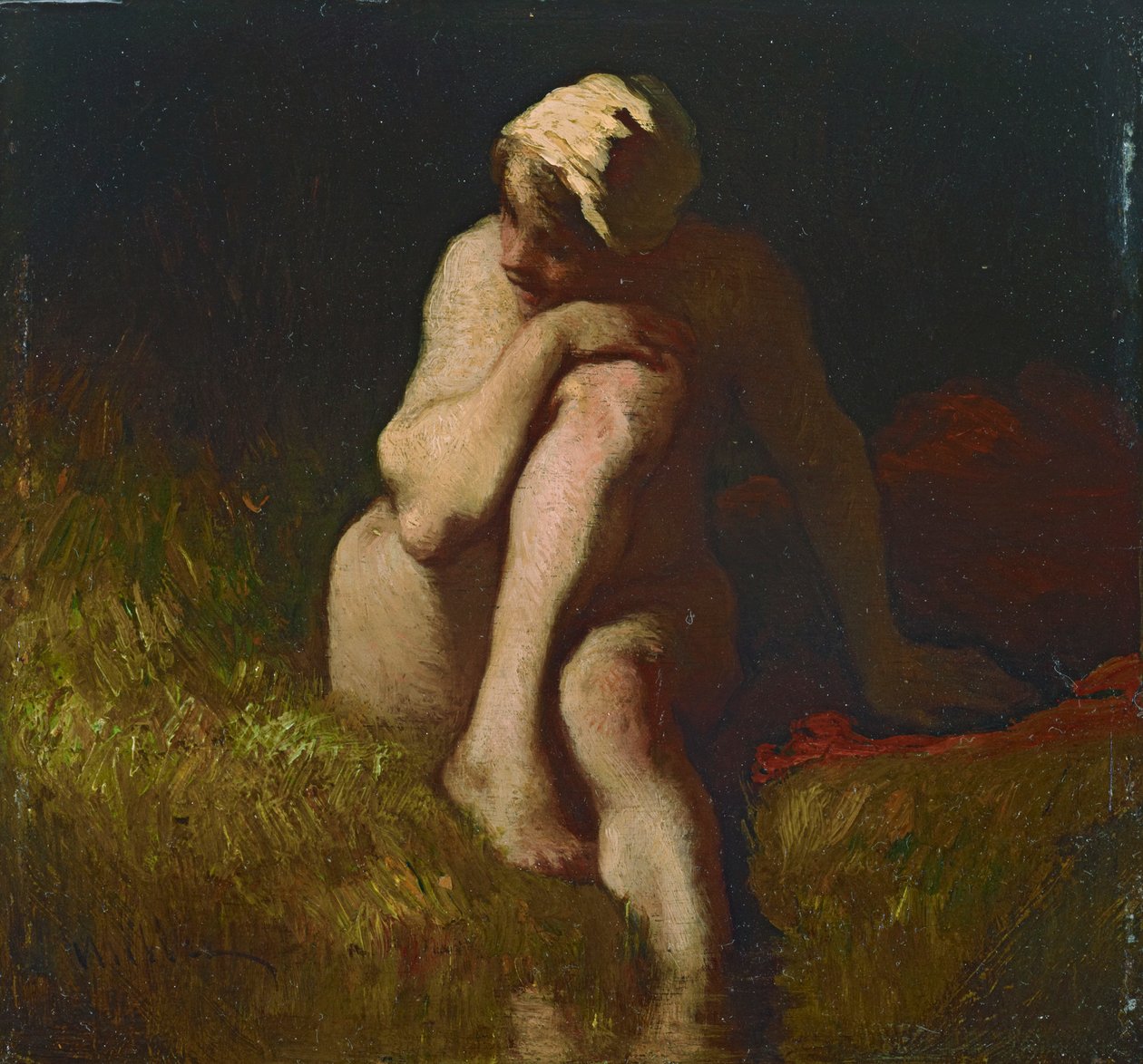 Nacktes Bauernmädchen an der Böschung eines Baches sitzend door Jean-Francois Millet
