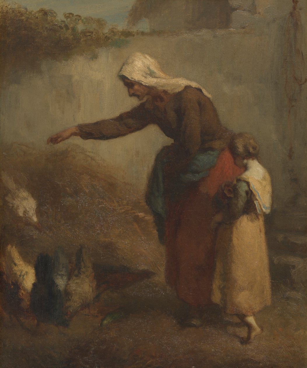 Vrouw die Kippen Voert door Jean-Francois Millet