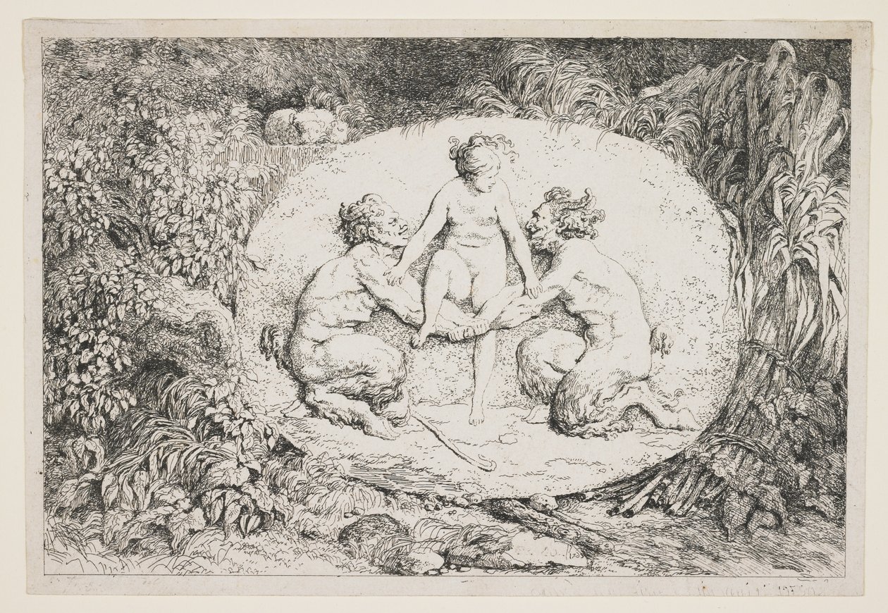 Een nimf landt op de armen van twee saters door Jean Honore Fragonard