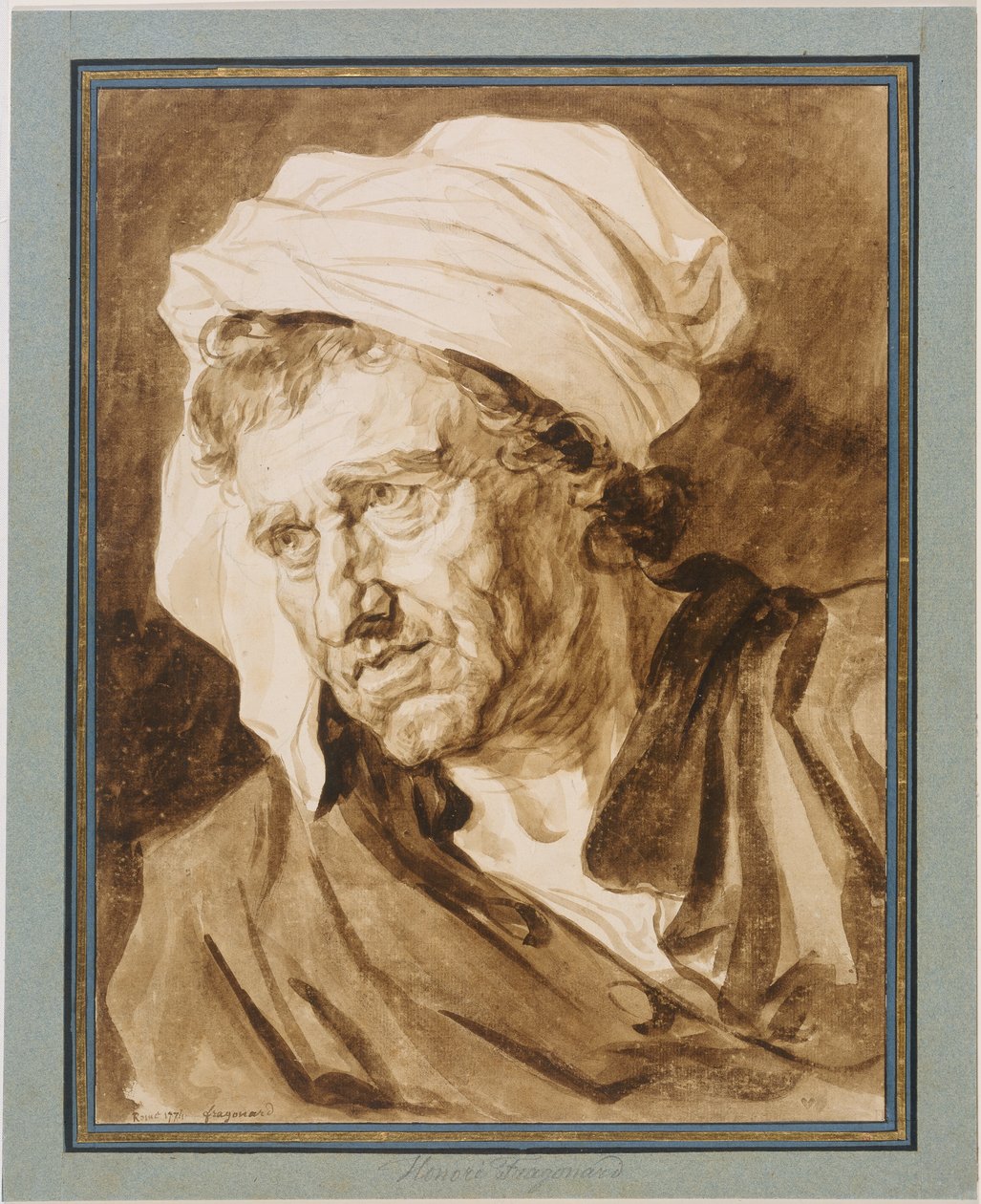 Kopf eines Mannes mit weißem Turban door Jean-Honore Fragonard