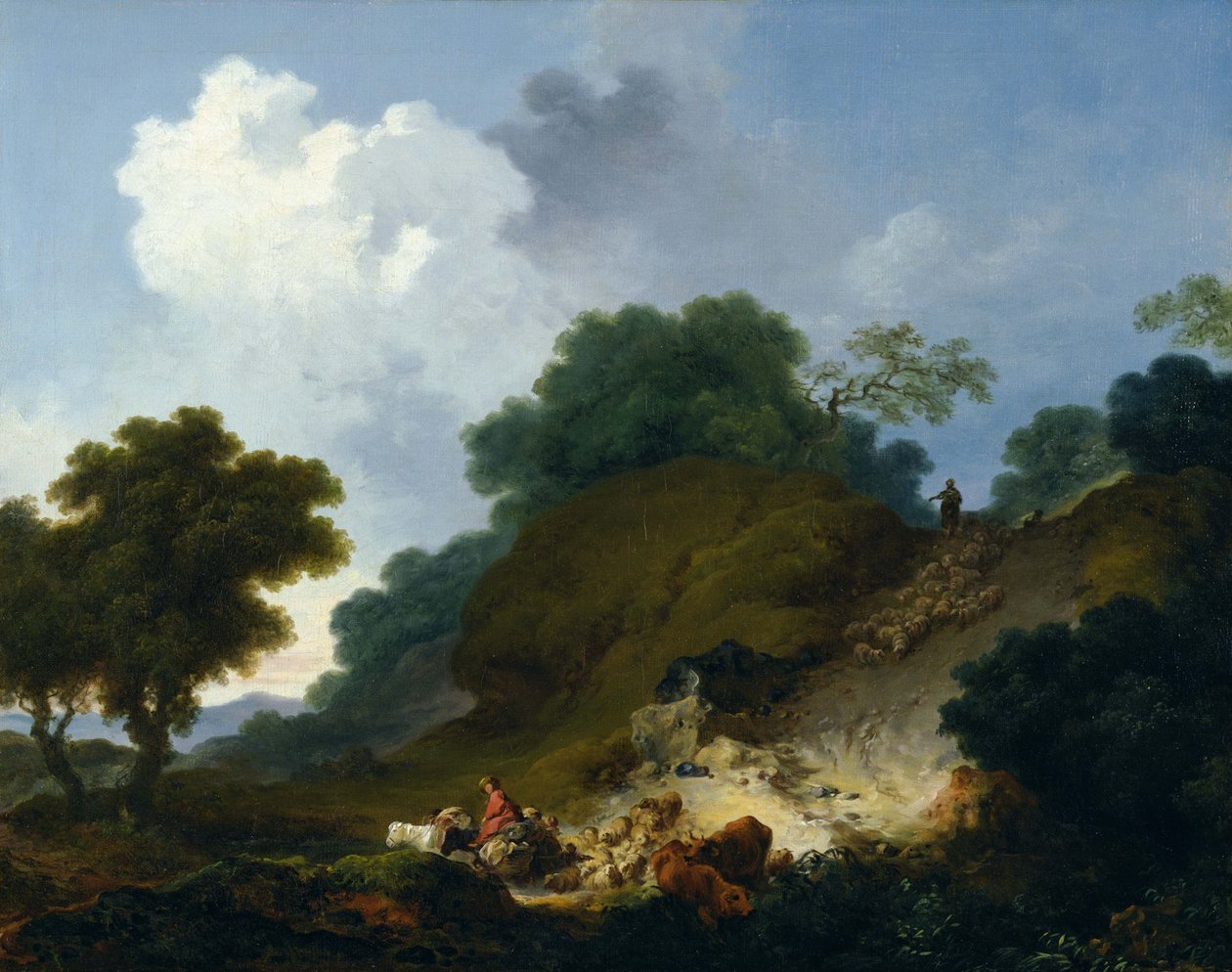 Kudde schapen gaat de heuvel af door Jean-Honore Fragonard