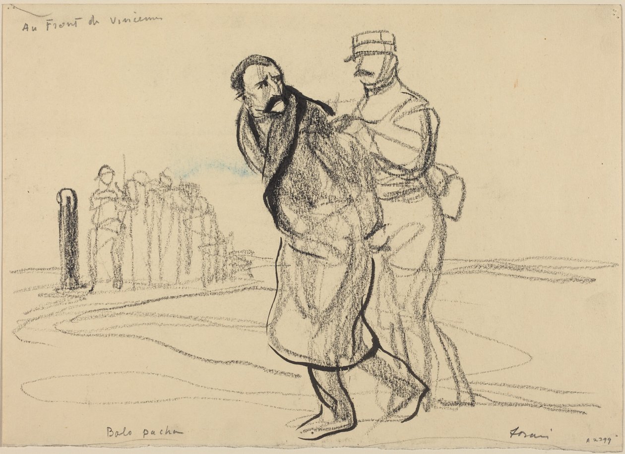 Aan het front van Vincennes. Bolo pacha, ca.1914-1919 (houtskool op papier) door Jean-Louis & Caran D