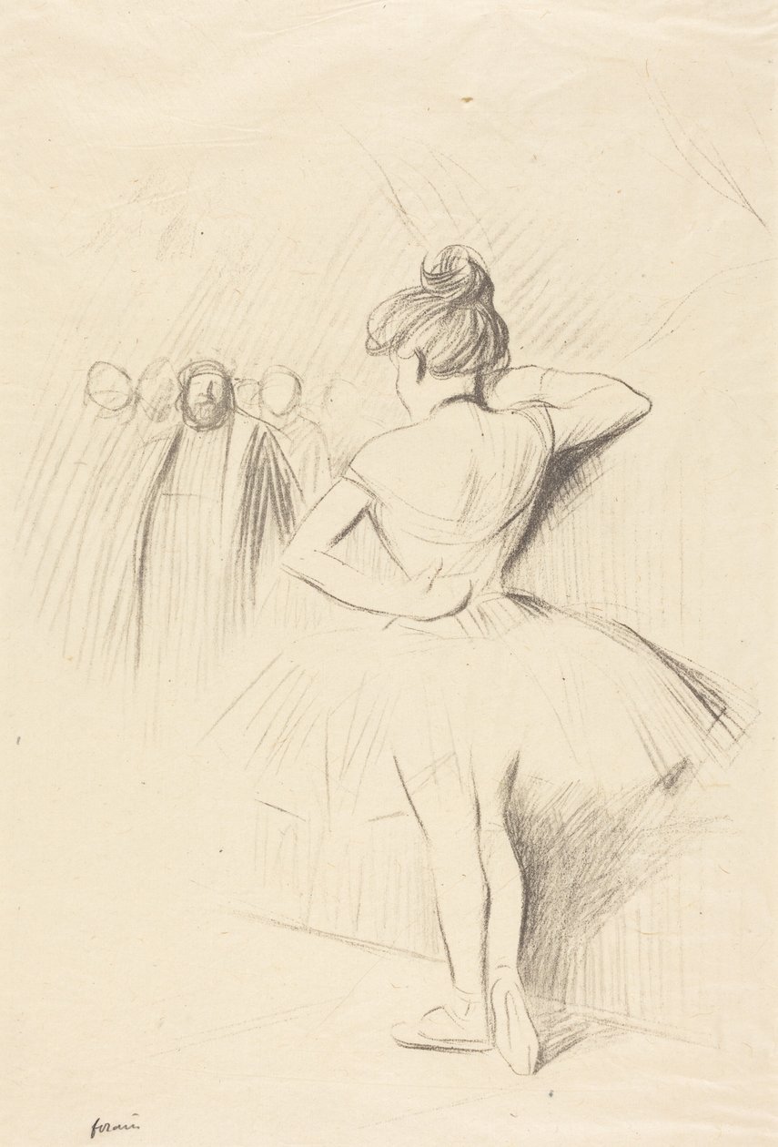 Danseres leunend tegen een staander (met figuranten) door Jean-Louis Forain
