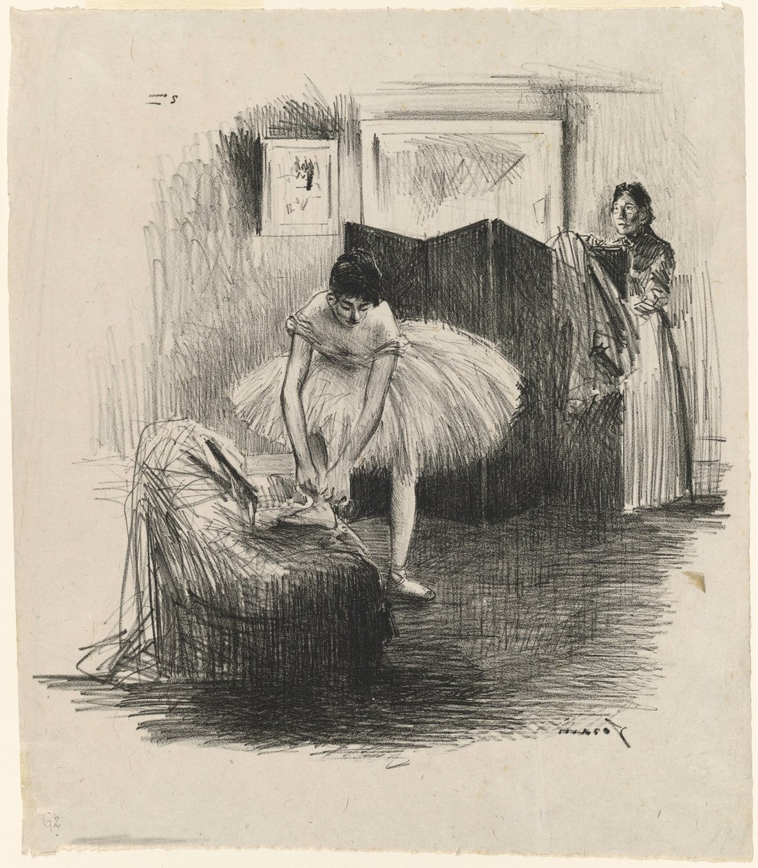 Danseres die haar balletschoen vastbindt door Jean-Louis Forain