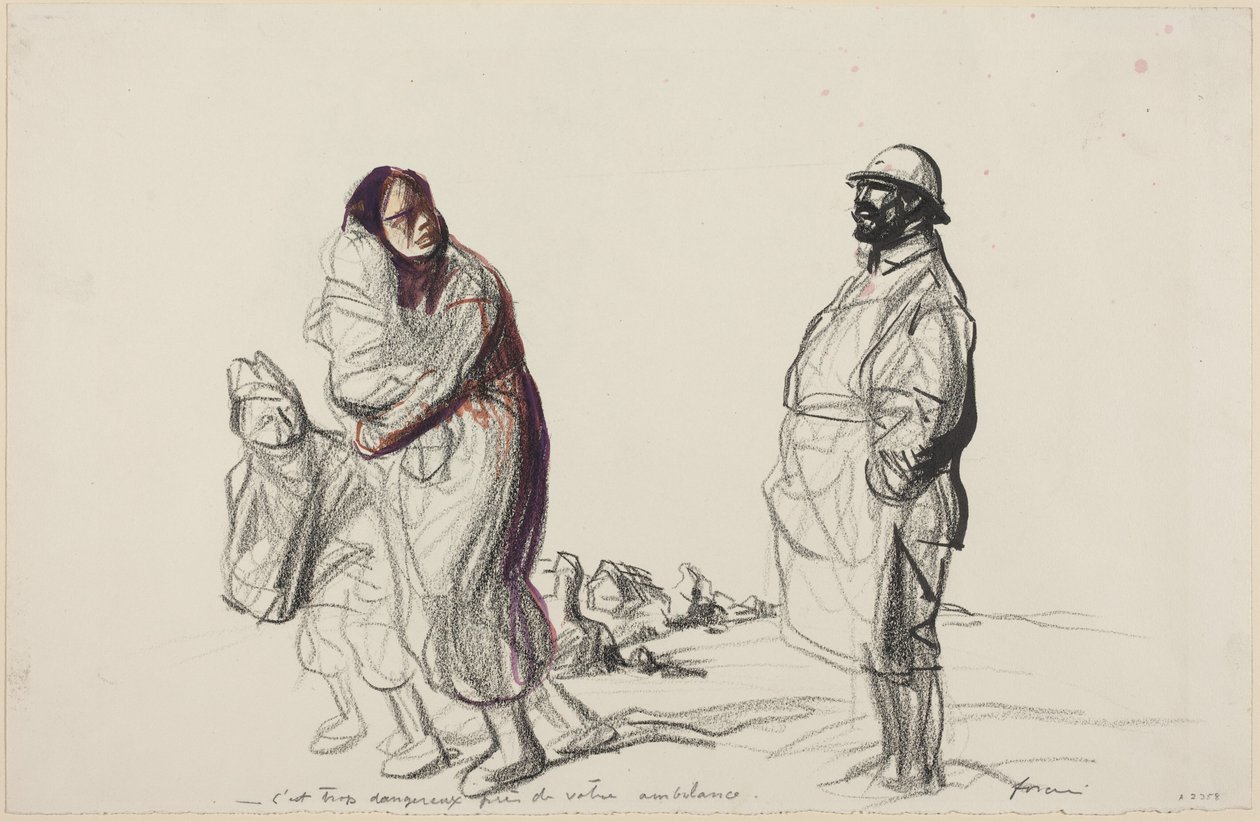 a) Het is te gevaarlijk in de buurt van uw ambulance (recto); b) Studie van moeder en kinderen (verso) door Jean-Louis Forain