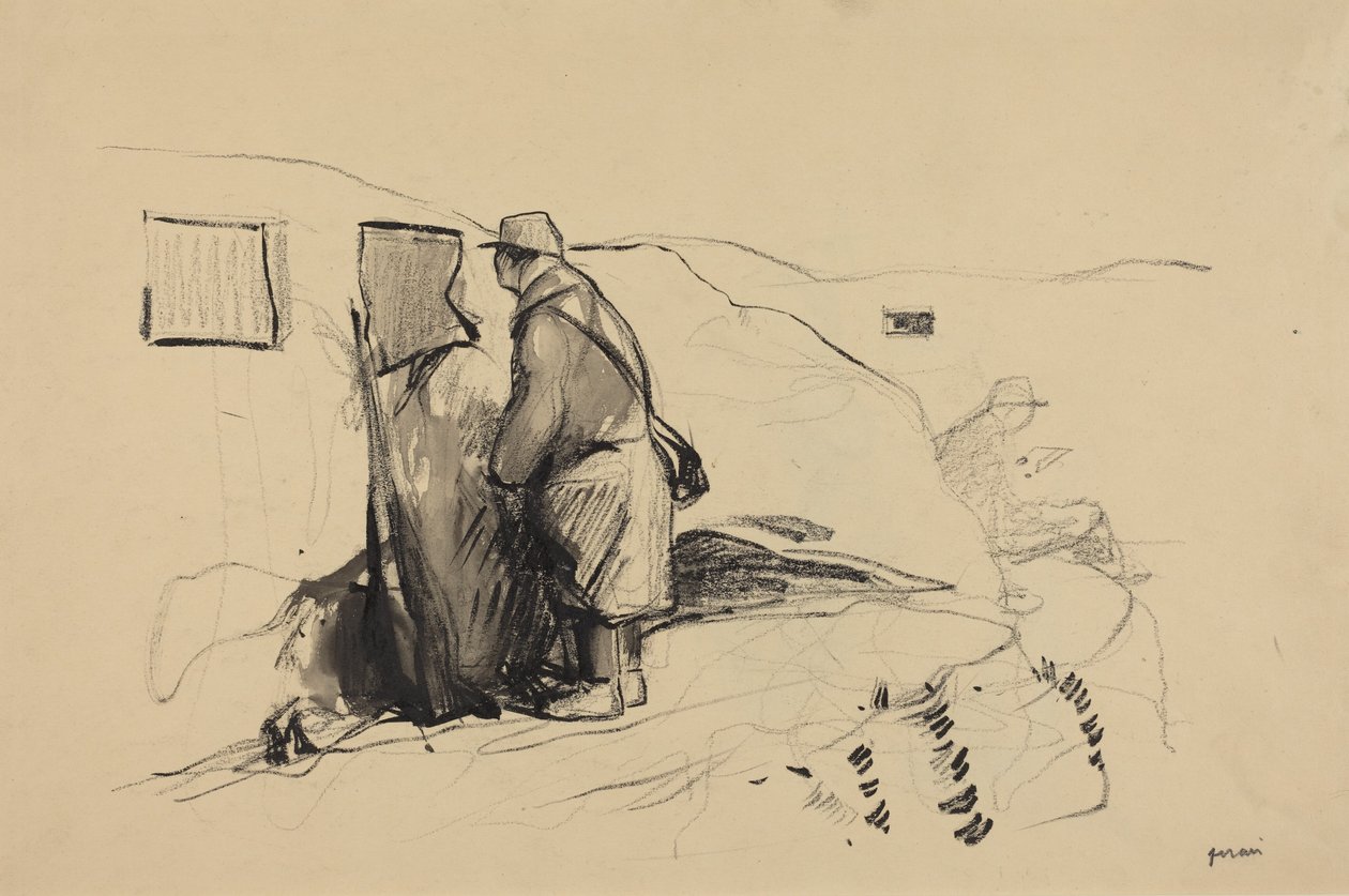 a) In de loopgraven (voorkant); b) Studie voor In de loopgraven (achterkant) door Jean-Louis Forain