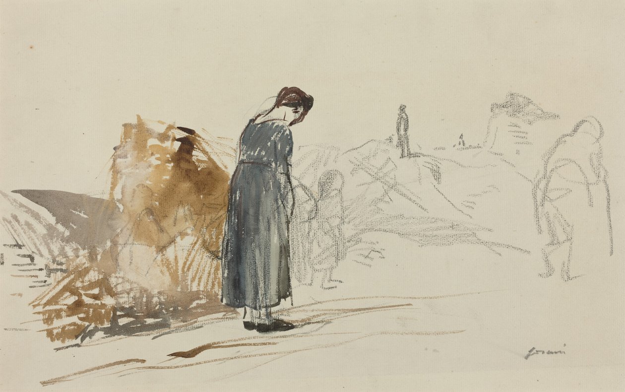 a) De Duitsers zijn vertrokken (recto); b) Schets van een man (verso) door Jean-Louis Forain