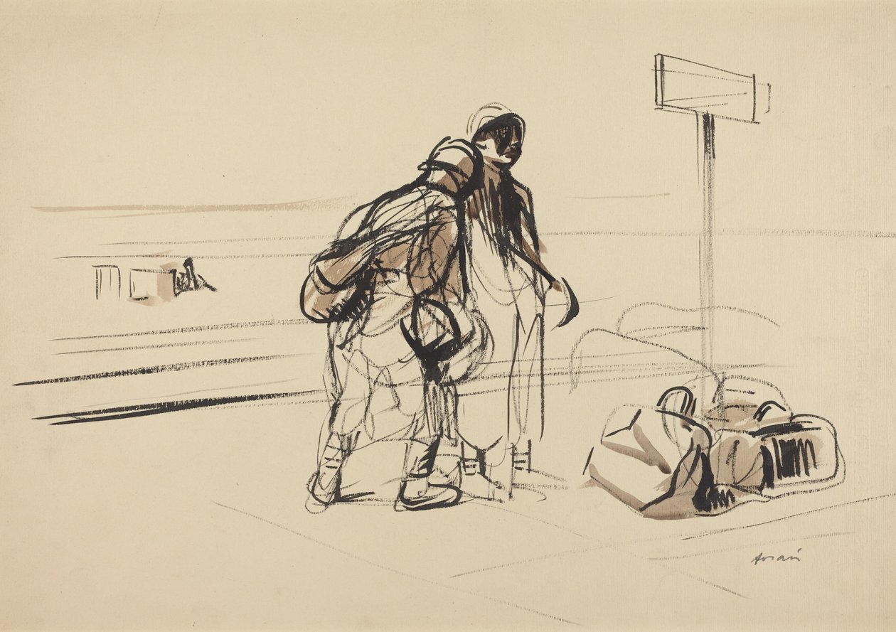 a) Twee Franse soldaten bij een mededelingenbord (voorkant); b) Kindermeisje en kinderen met een paard of een ezel (achterkant) door Jean-Louis Forain