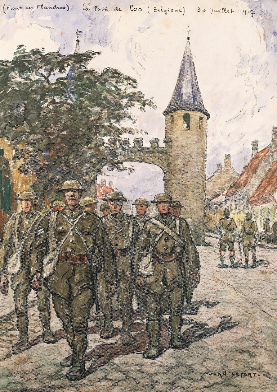 Het front van Vlaanderen, poort van Loo (België), 30 juli 1917 (aquarel op papier) door Jean Louis Lefort