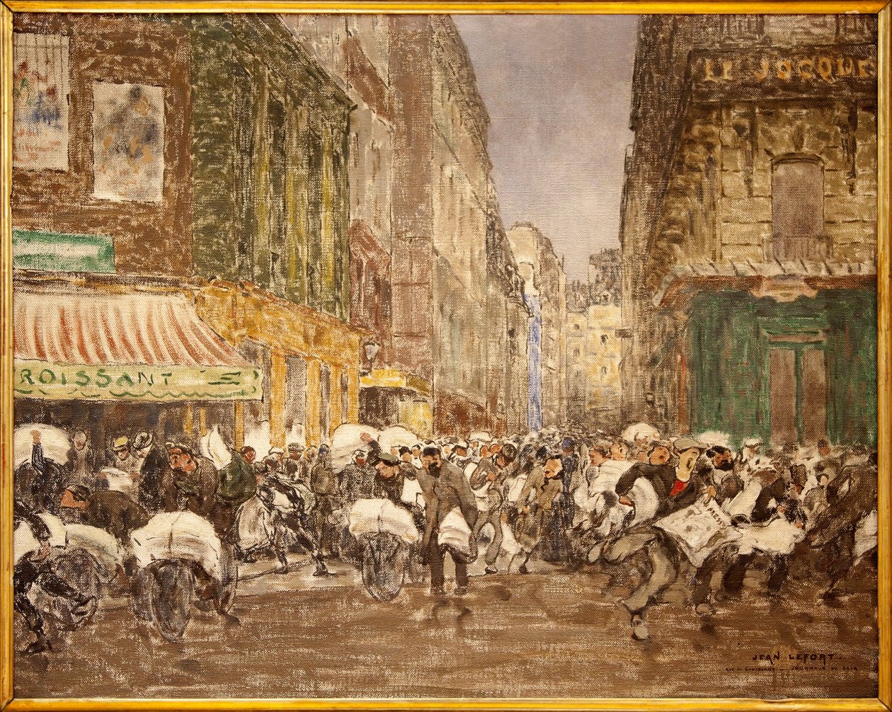 De uitgave van de avondkranten, rue du Croissant in 1914, Schilderij van Jean Louis (Jean-Louis) Lefort (1875-1954), met de activiteiten van de pers die traditioneel gevestigd was in een groot deel van het 2e arrondissement van de stad Parijs, In het café  door Jean Louis Lefort