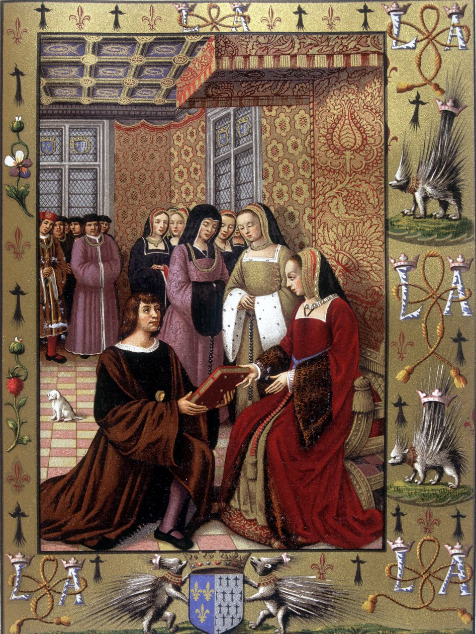 Jean Marot biedt zijn boek, Le Voyage de Genes, aan koningin Anne van Bretagne aan (naar een verluchting door Jean Bourdichon, circa 1508) door Jean (after) Bourdichon