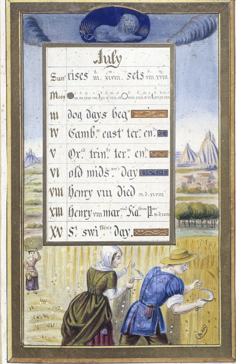 Juli: de oogst (Leeuw) (facsimile van de Getijden van Anne van Bretagne) door Jean (after) Bourdichon