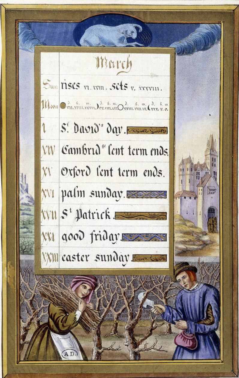 Maart: Boommaat (Ram) (facsimile van de Getijden van Anne van Bretagne) door Jean (after) Bourdichon