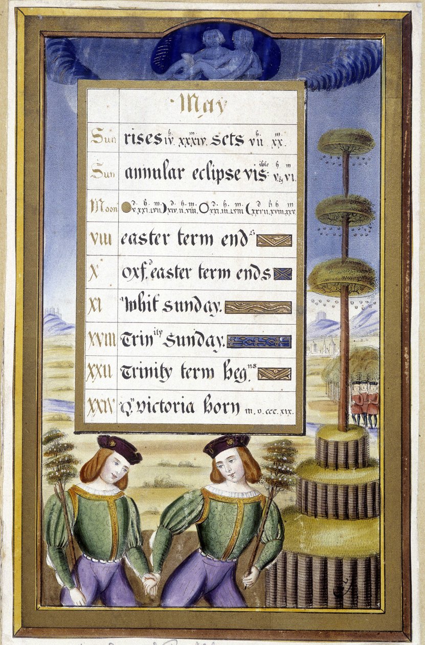 Mei: Meiboom (Tweelingen) - facsimile van de Getijden van Anne van Bretagne, door Jean Bourdichon door Jean (after) Bourdichon