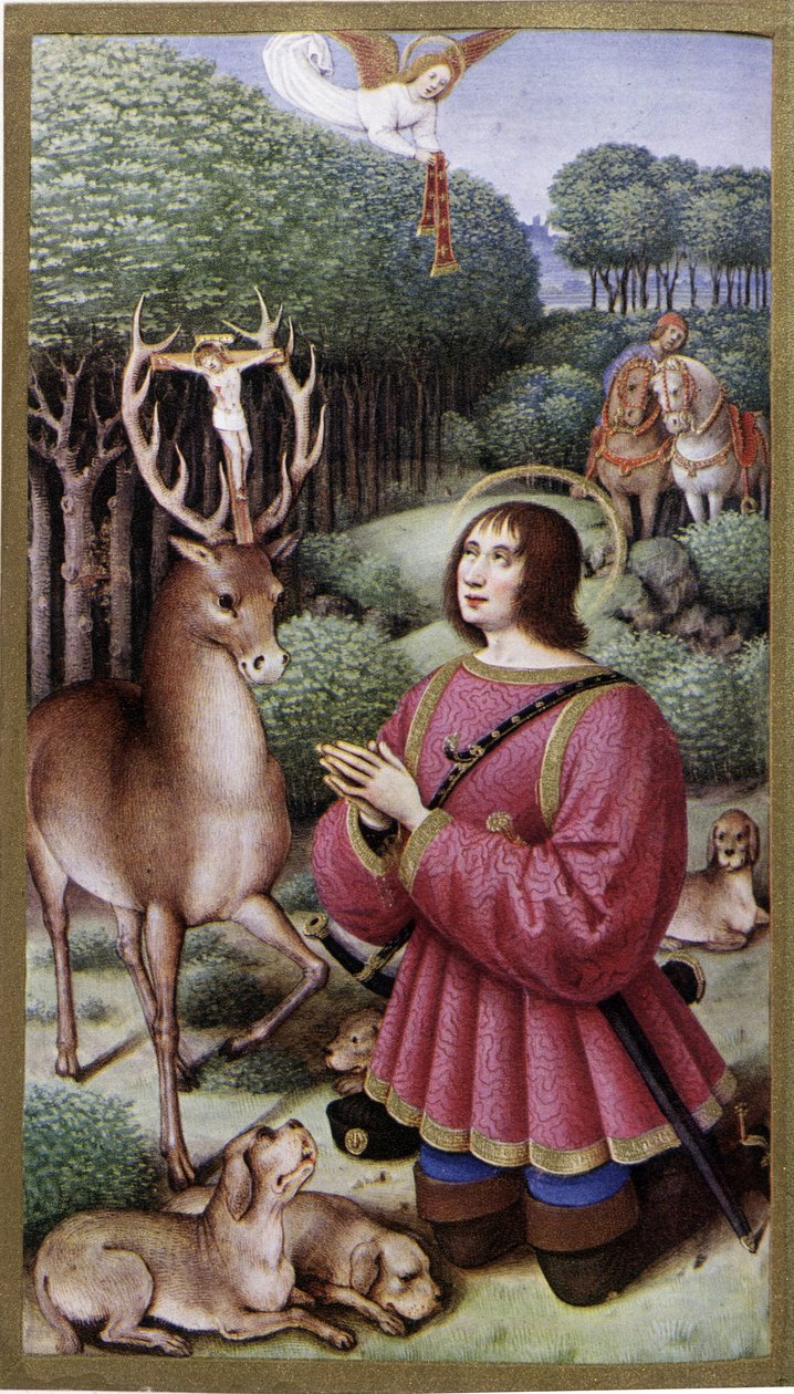 Heilige Hubertus - Miniatuur door Jean Bourdichon, facsimile van de Getijden van Anne van Bretagne door Jean (after) Bourdichon