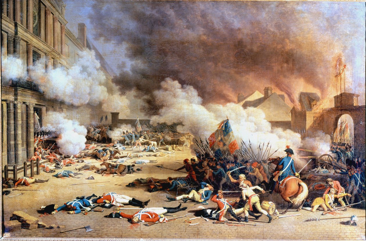 Gezien vanaf het Palais des Tuileries, binnenplaats van de Carrousel, 10 augustus door Jean (after) Duplessis Bertaux