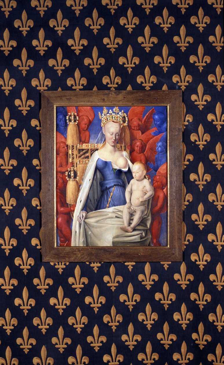 De voedende Maagd in een hermelijnen mantel afgebeeld als Agnes Sorel - (naar de Maagd van Antwerpen, door Jean Fouquet, circa 1452-1455) door Jean (after) Fouquet