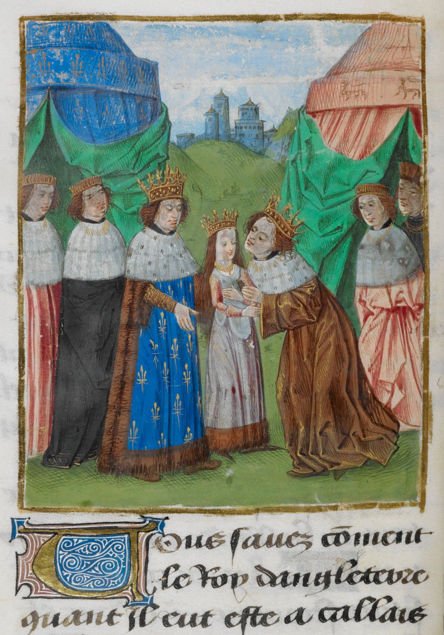 Koning Richard II van Engeland ontvangt zijn bruid, Isabella, van haar vader, koning Karel VI van Frankrijk, illustratie uit 