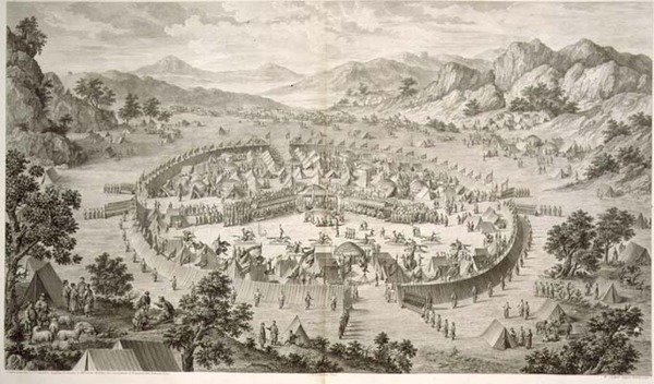 Tchao-Hoei Bezig met Oefeningen en Militaire Spelen in 1758, plaat 5 uit een serie prenten die de veroveringen van Qianlong, de Keizer van China, voorstellen, gegraveerd door Pierre Philippe Choffard, 1772 door Jean (d.1781) (after) Damascene
