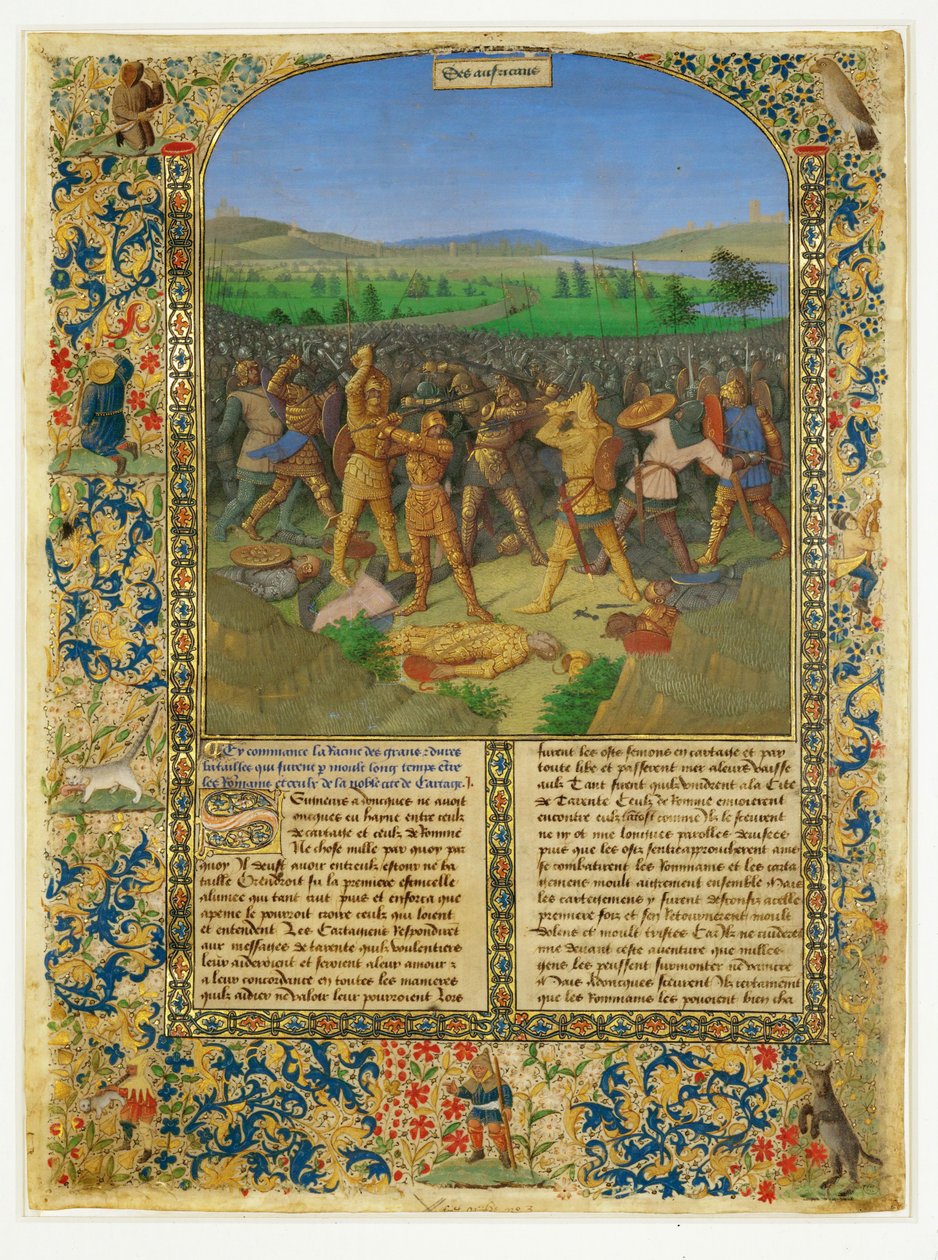 Een veldslag tussen Romeinen en Carthagers, waarschijnlijk de slag bij Cannae ... door Jean (style of) Fouquet