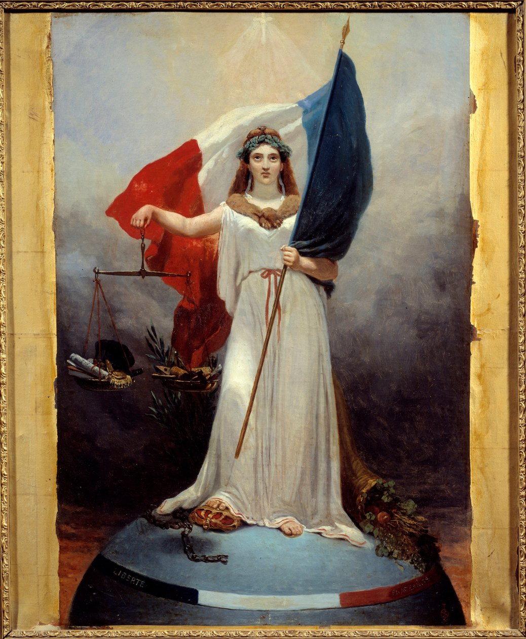 Symbolische figuur van de Republiek. Allegorie die de republiek voorstelt als een vrouw met een lauwerkrans, symbool van vrede, die een weegschaal vasthoudt, symbool van gerechtigheid en de driekleurige vlag. Onder haar voet de kroon van de verpletterde mo door Jean Alphonse Roehn