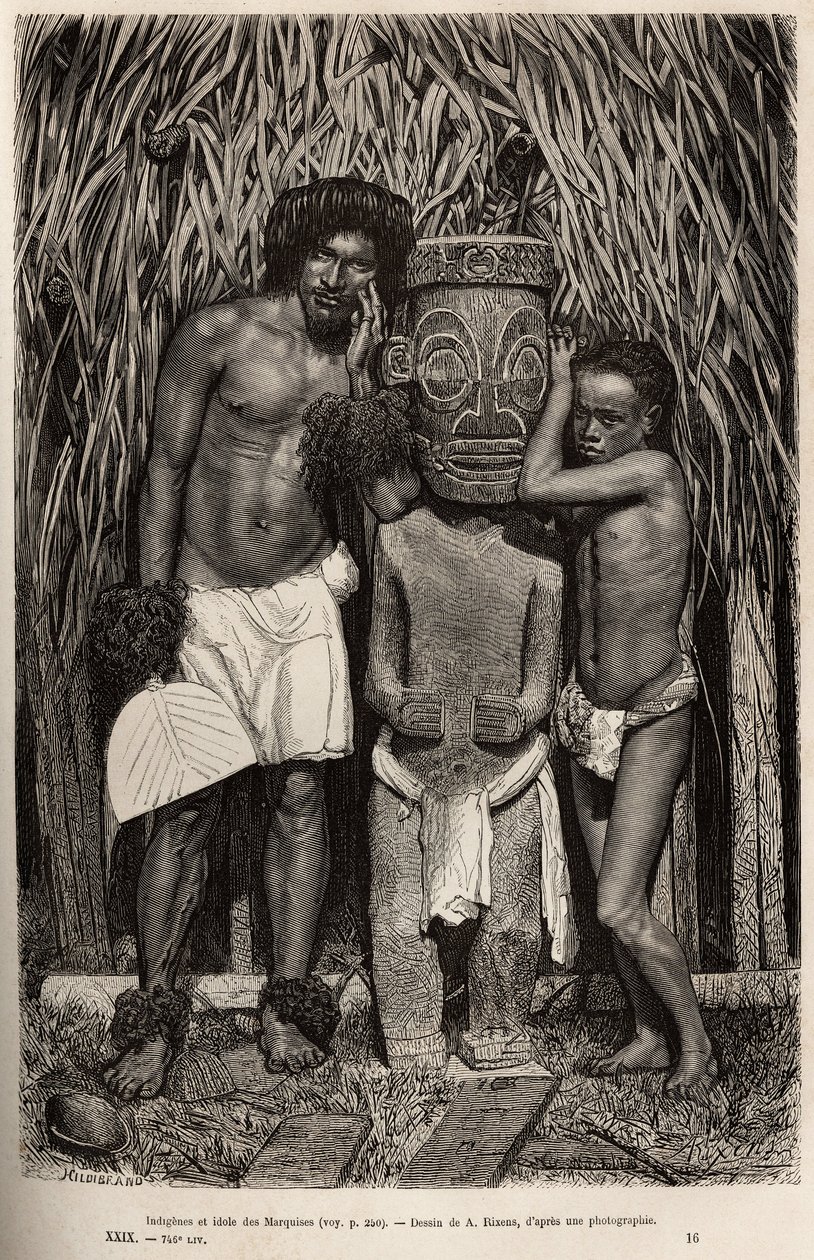 Een inwoner van het eiland Hiva-Oa en zijn zoon, omringend een gesneden houten idool dat de god Tiki voorstelt, in de archipel van de Marquesas-eilanden, gegraveerd naar een tekening van A. Rixens ter illustratie van de herinneringen aan de Stille Oceaan,  door Jean Andre Rixens